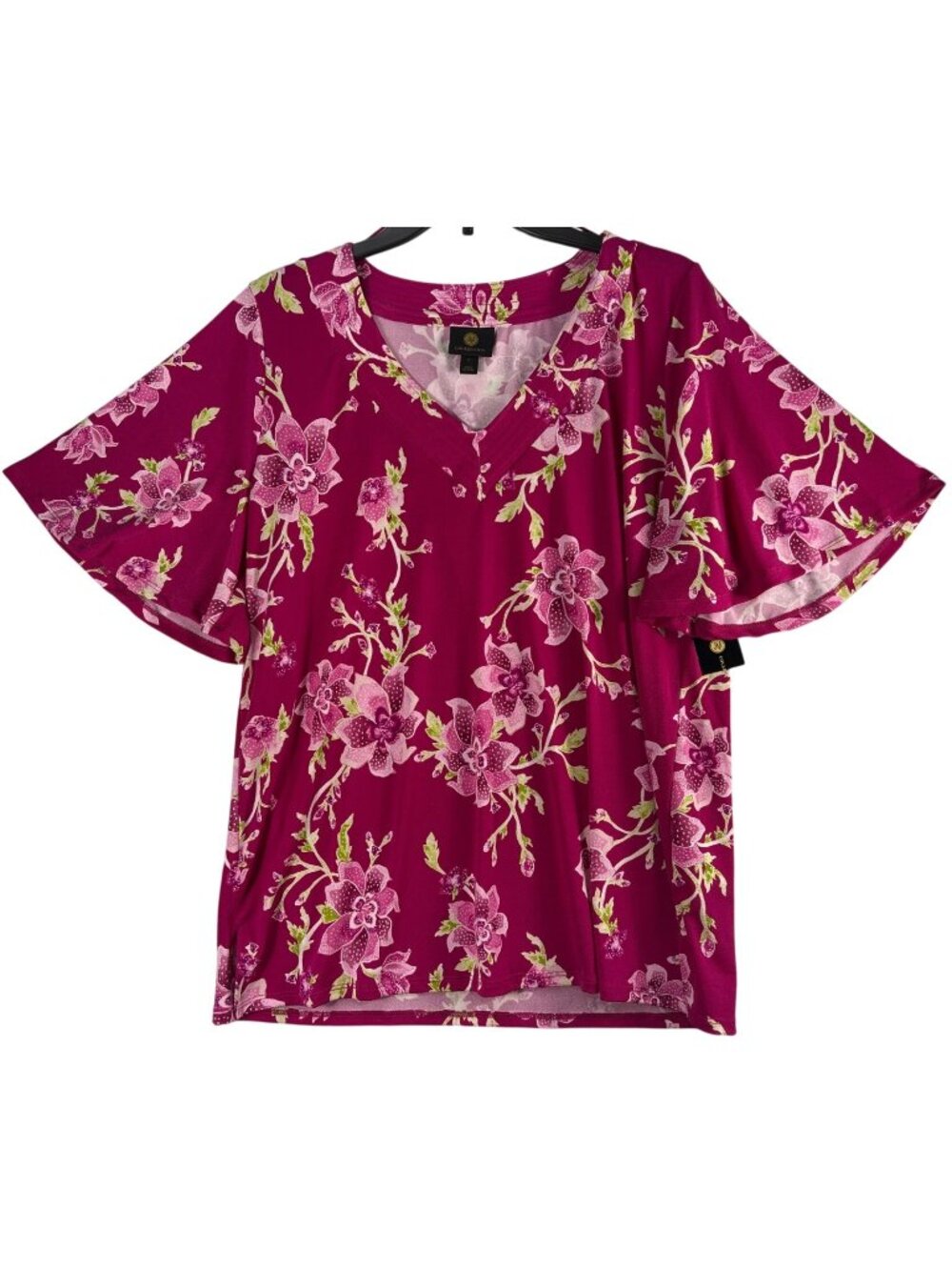 JM Collection Womens Large Floral Crepe Blouson Top With V-Neck Lightweight